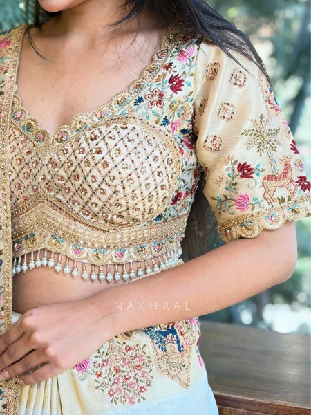 Elara Cream Embroidered Saree with Readymade Blouse