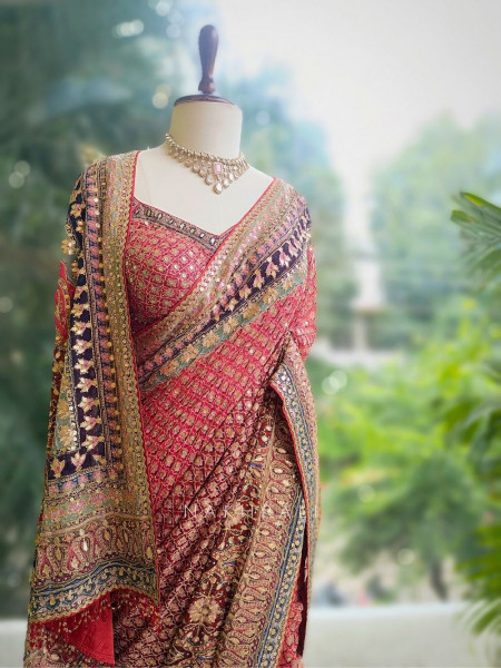 Ruby Red Saree with Zari and Sequin Work
