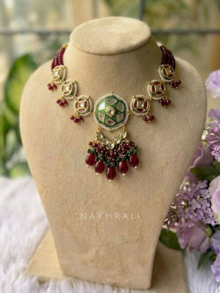 Rajshree Maroon Assorted Colour Necklace Set with Mirror & Bead Drop Work