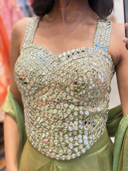 Karishma Pista Green Mirror Work Drape Saree