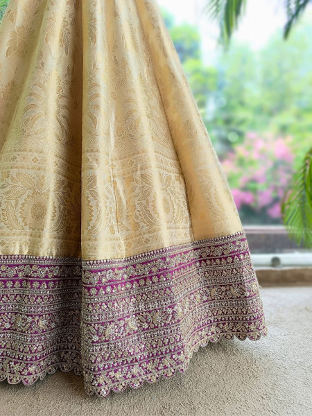 Elegant Ombre Cream Banarasi Silk Anarkali Suit Set with Border & Potli Bag