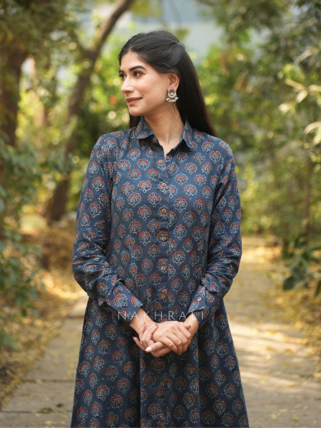 Rihana Blue Cotton Block Printed Button-Down Dress