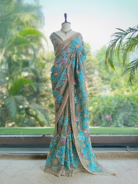 Firoza Bagh Olive Sage Green Organza Saree with Oversized Floral Resham Embroidery