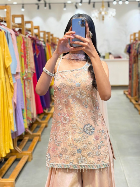 Noirvi Peach Chinon Kurta Palazzo Set with Cut Dana Sequin Work