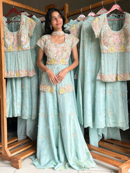little flower Sky Blue Viscose Georgette Indo Western Sharara Set