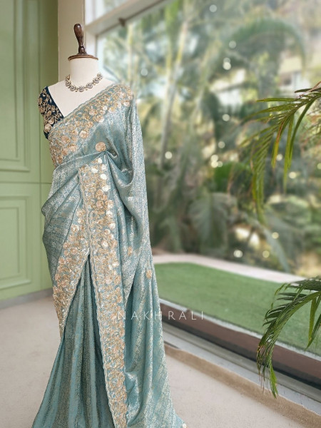 Symphony Sea Green Saree with Zardozi Floral Embroidery