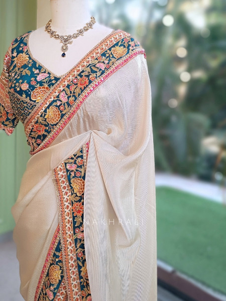 Mehr Cream & Teal Blue Fusion Saree