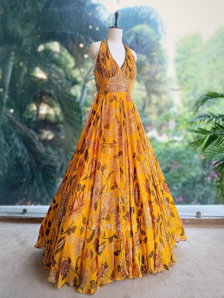 Marigold Bloom Floral Halter Neck Anarkali with Dupatta