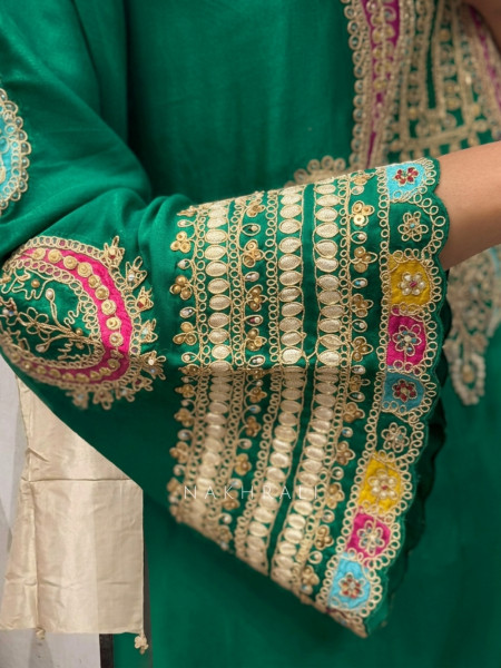 Resham Rang Green Silk Blend Farshi Suit Set With Zari, Zardozi & Resham Embroidery