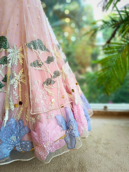 Enchanted Bloom Pink Net Lehenga with Sequin & Floral Embroidery
