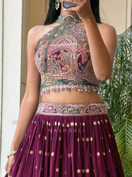 Jharokha Tales Wine Lehenga with Pichwai-Inspired Embroidery