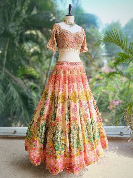 Sanika Beige Silk Printed Lehenga with Mirror Work