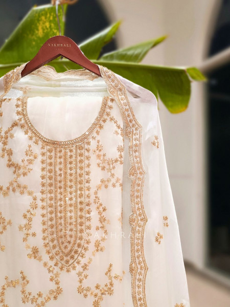 Vanilla Hue Ivory Tissue Dress Material with Sequin & Cut Dana Work