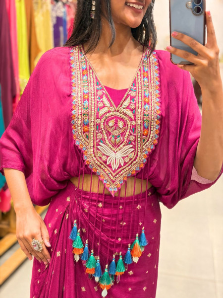 Boho Pink Chinon Drape Skirt Set with Embroidered Tassel Yoke