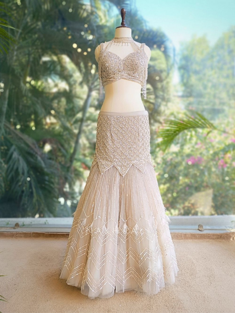 Image of Vireya Grey Indo-Western Set with Sequin and Cut Dana Work