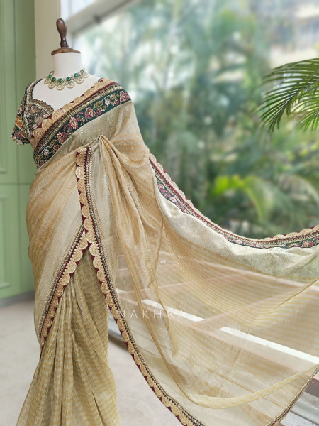 Navpallav Bottle Green Tissue Saree with Sequin Bead Embroidery