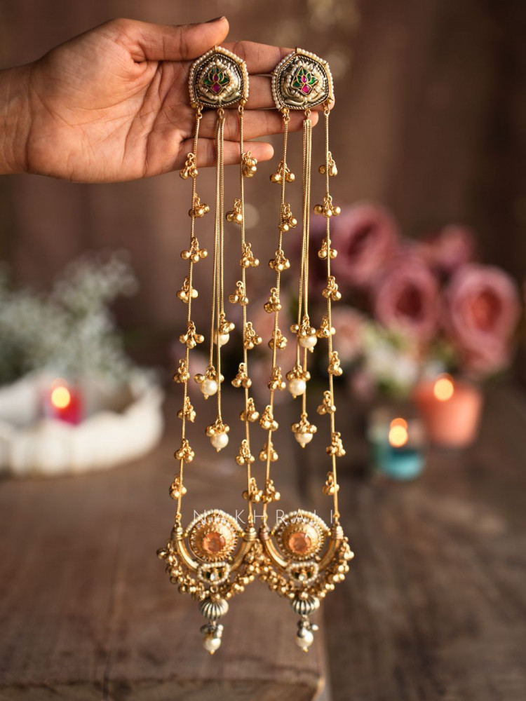 Image of Zeenat Peach Kashmiri Long Drop Earrings