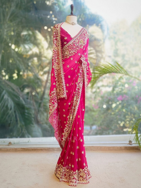RubyLush Organza Silk Saree with Zardozi Work