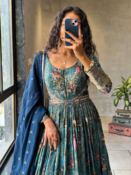Zorika Teal Printed Anarkali Suit Set with Sequin Zari Work