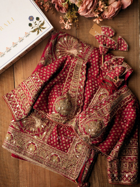 Virasat Maroon Crepe Saree with Heavy Embroidery and Readymade Blouse