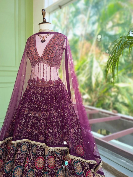 Gulaal-e-Firdaus Purple Green Lehenga Set Embroidery & Mirror Work