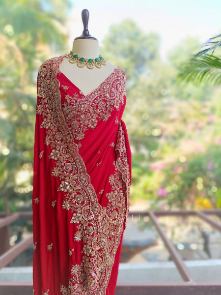 Rivaya Red Saree with Cut Dana and Sequin Work