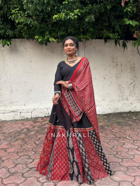 Pravika Black Pure Cotton Chaniya Choli Ajrakh Kalamkari Patchwork & Gota Detail