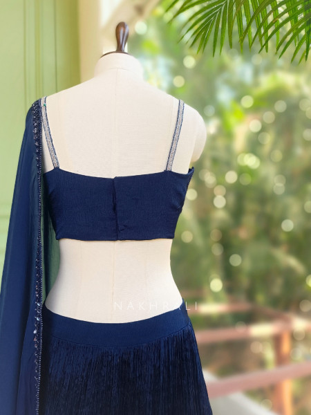 Midnight Blue Indo Western Lehenga with Bead Fringe and Sequin Embellishment