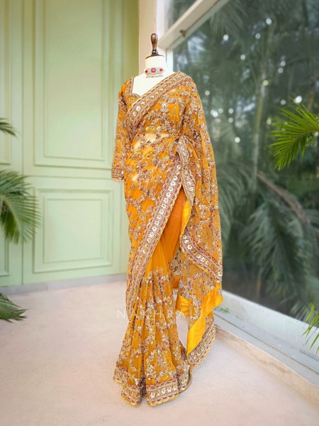 Navira Mustard Embroidered Net Saree with Sequins