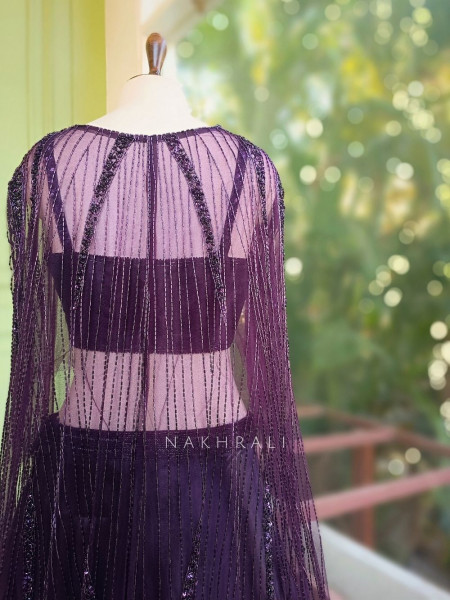 Roshira Wine Indo-Western Lehenga Set with Cut Dana and Sequin Work