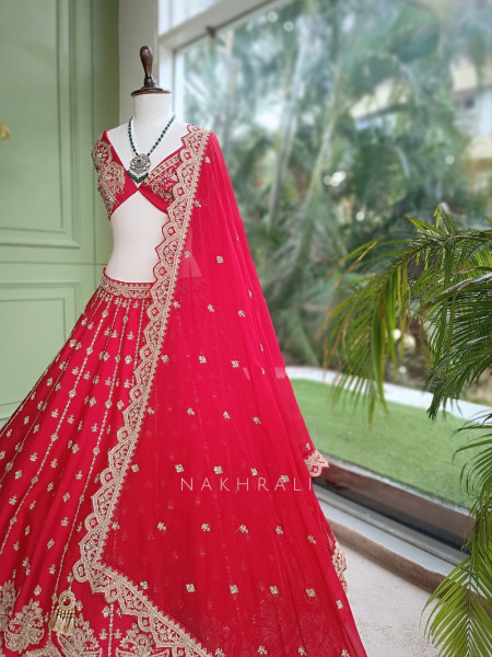 Saubhagya Fuchsia Red Unstitched Bridal Lehenga