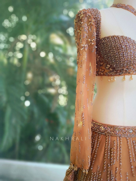 Amber Glow Net Bridal Indo-Western Lehenga with Sequin Embroidery