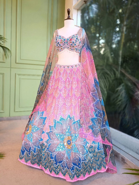 Azmira Blue Pink Floral Lehenga Set with Sequin and Bead Work
