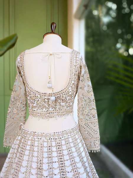 Ravya Cream Mirror and Beads Work Lehenga Set