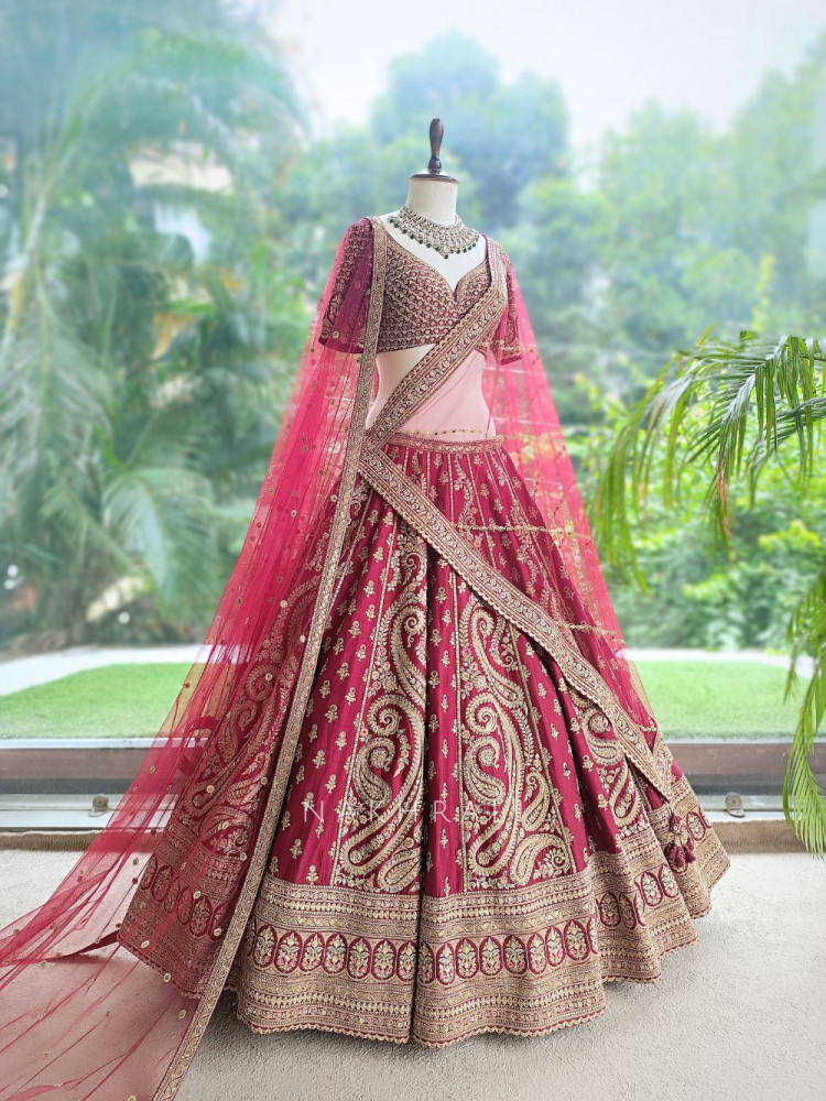 Image of Royal Garnet Maroon Lehenga with Zari, Thread and Sequin Work