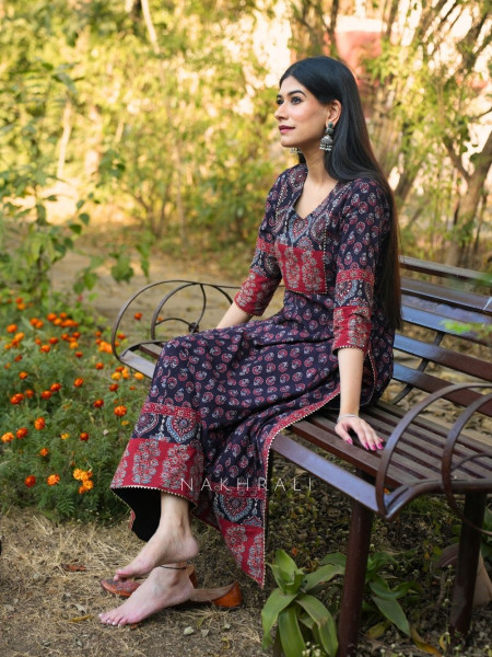 Noori Black Cotton Flared Kurta