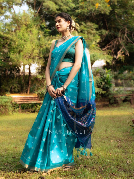 Mayur Blue Chanderi Saree with Floral Ikat Print