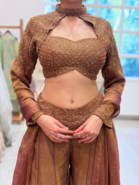 Nyra Brown Indo-Western Palazzo Set with Embroidered Jacket Detail