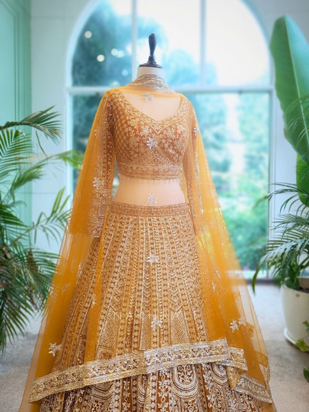Golden Flare Orange Lehenga with Thread and Sequin Work