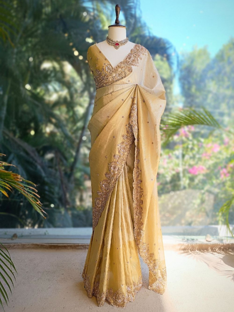 Image of Vilasya Golden Beige Saree with Cut Dana Sequin Work
