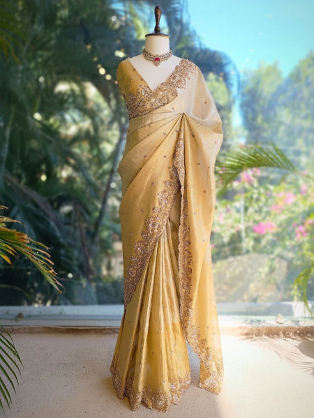 Vilasya Golden Beige Saree with Cut Dana Sequin Work