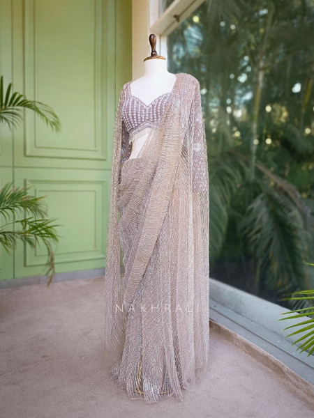 Silver Drift Grey Sequin Saree with Cape