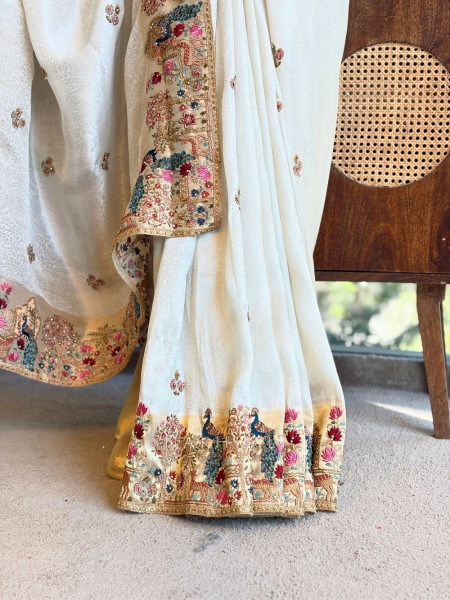 Elara Cream Embroidered Saree with Readymade Blouse