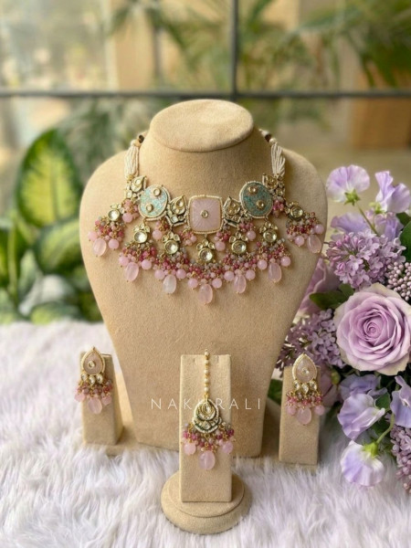 Royal Pink Choker Necklace Set with Meenakari & Pearl Drops