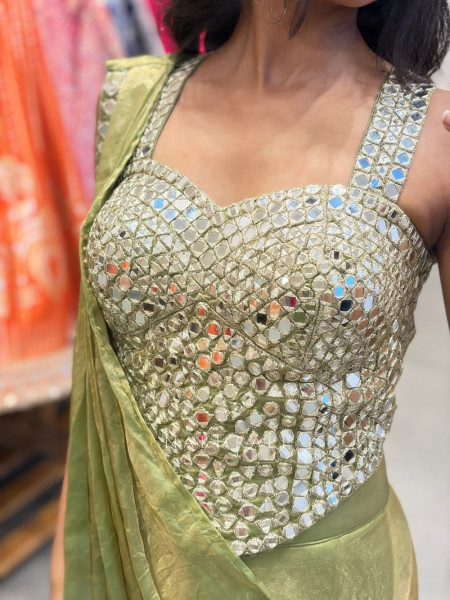 Karishma Pista Green Mirror Work Drape Saree
