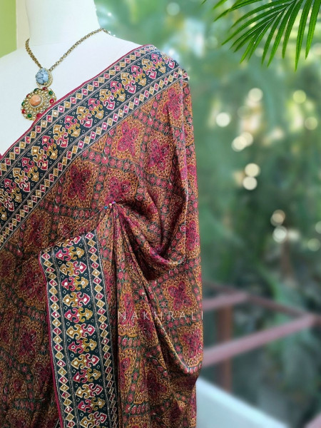 Maroon Ajrak Print Modal Silk Saree