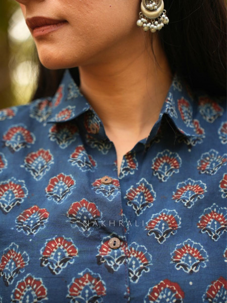 Rihana Blue Cotton Block Printed Button-Down Dress