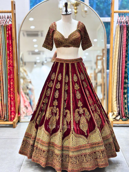 Zohra Luxe Maroon Velvet Bridal Lehenga with Mirror, Sequin, and Cut Dana Work