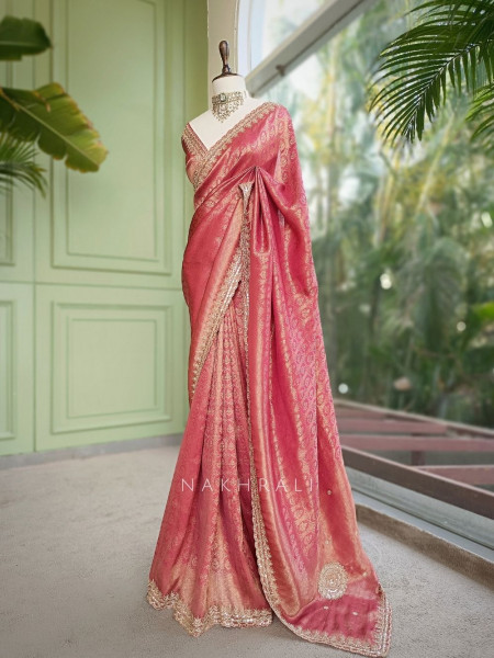 Chitranga Onion Pink Banarasi Brocade Saree with Embellished Border