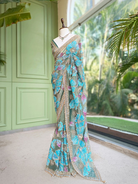 Firoza Bagh Olive Sage Green Organza Saree with Oversized Floral Resham Embroidery
